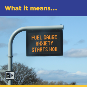 Mock motorway sign: fuel gauge anxiety starts now