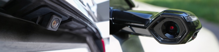 Car with side-mounted camera & rear-mounted camera