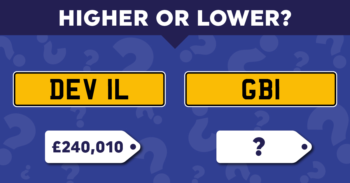 Question five comparing the estimated prices price of two personalised UK number plates: 'DEV 1L' (costing £240,010) and 'GB1' (with a question mark). The user must guess if 'GB1' is higher or lower in price than 'DEV 1L'.