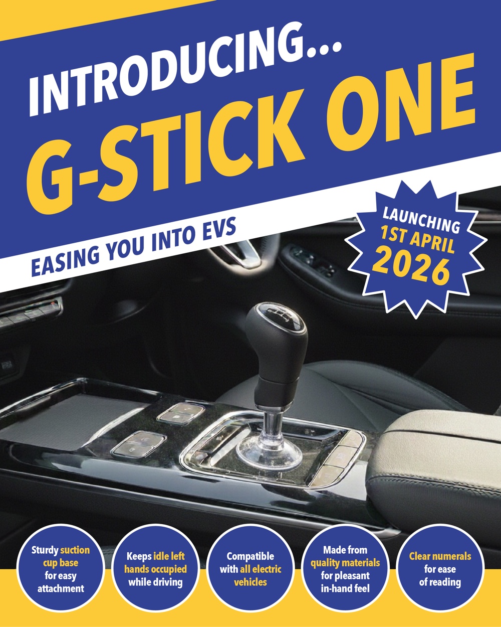 Poster introducing G-Stick One, stick on gearstick