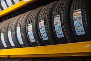 Yellow rack of tyres