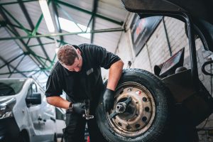 Mr Tyre Nottingham (Carlton Rd) mechanic performing wheel balancing checks.